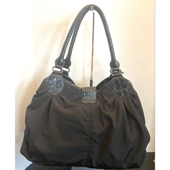 BRIGHTON Black NICHELLE Nylon/Patent Leather Large Tote Handbag Double Strap - Picture 2 of 12
